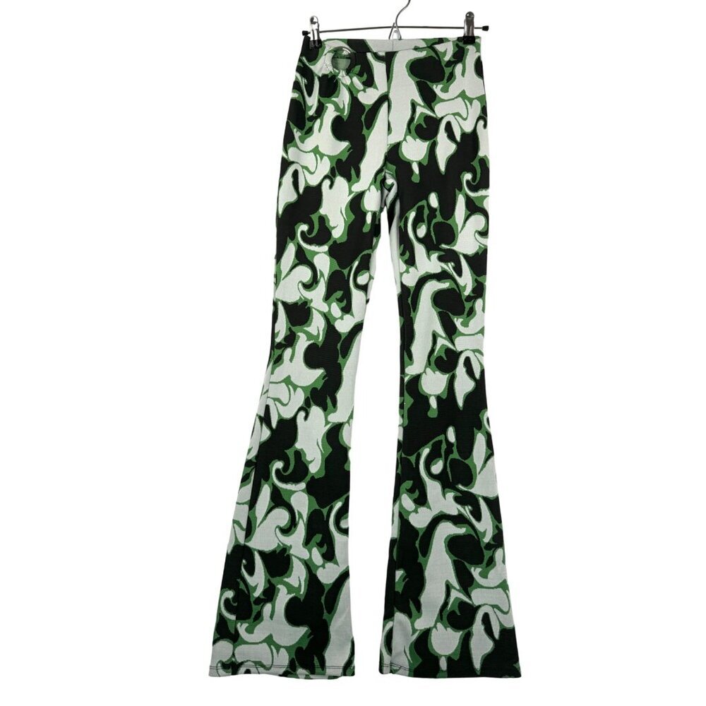 Zara Kelly Green Jacquard Marble Print High waist‎ Flare knit Trousers sz S
